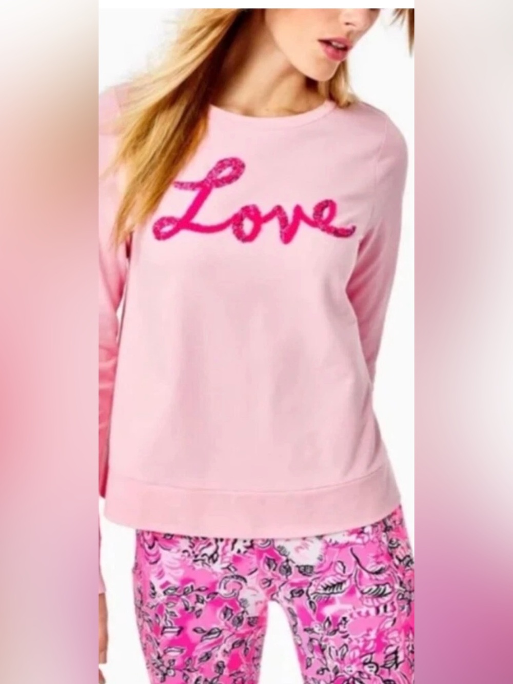 Lilly Pulitzer Pink Rami Graphic Sweatshirt Love Embellished Top Size Small